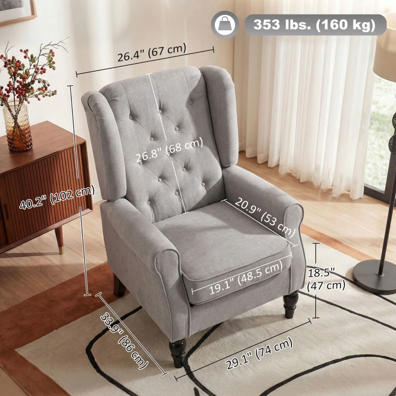 HOMCOM Fabric Accent Chair, Button Tufted Armchair, Upholstered Modern Living Room Chair, Wingback Chair with Wood Legs, Rolled Arms, Thick Padding for Bedroom, Grey