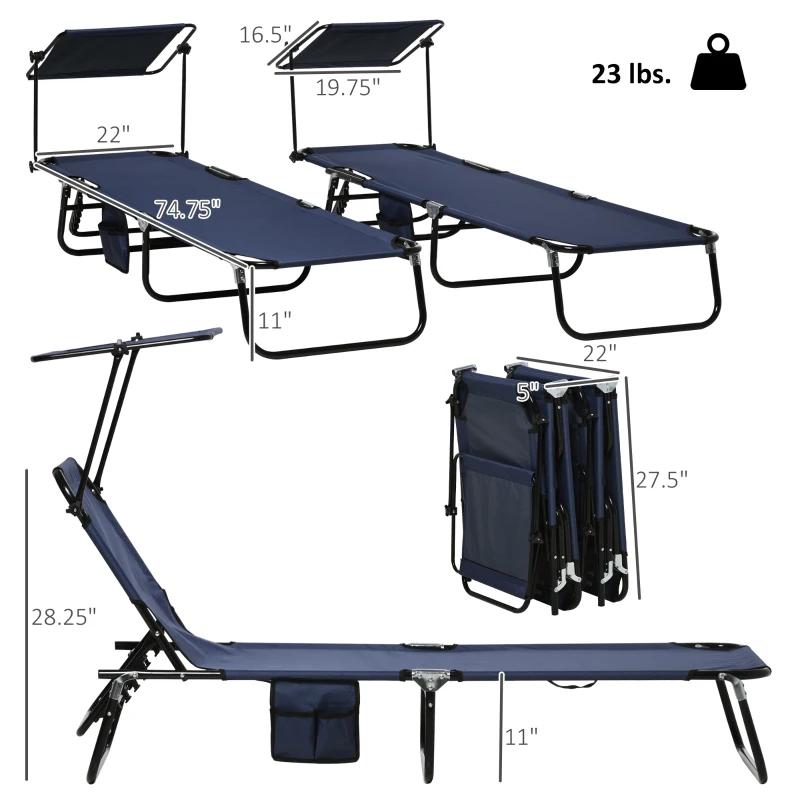 Outsunny Chaise Lounge Pool Lounge Chairs Set of 2,Outdoor Sun Tanning Chairs,Reclining Back,Steel Frame and Side Pocket,Blue