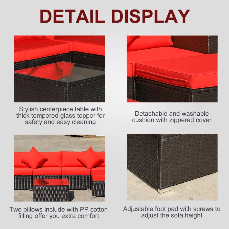 Outsunny 6 Piece Patio Furniture Set Outdoor Wicker Conversation Set All Weather PE Rattan Sectional Sofa Set with Ottoman, Cushions and Tempered Glass Table, Coffee and Red