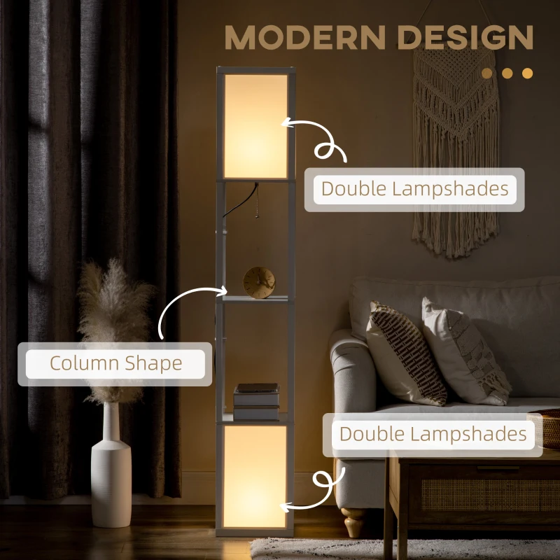 HOMCOM Modern Shelf Floor Lamp with Dual Ambient Light, Standing Lamp Living Room, Bedroom, 10.25"x10.25"x61.5", White