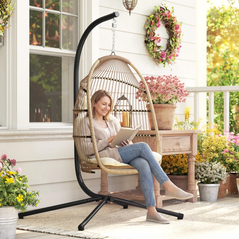 Outsunny Wicker Egg Swing Chair with Stand, Foldable Hanging Egg Chair with UV Resistant Cushion, Headrest, Beige