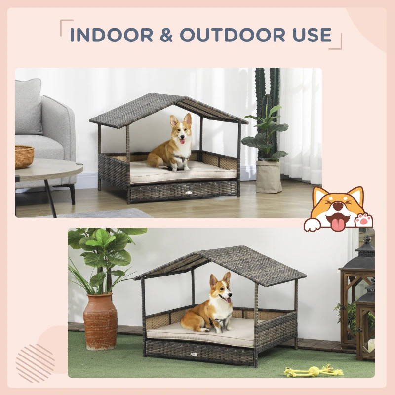 PawHut Wicker Dog House with Removable Cushion Lounge, Khaki