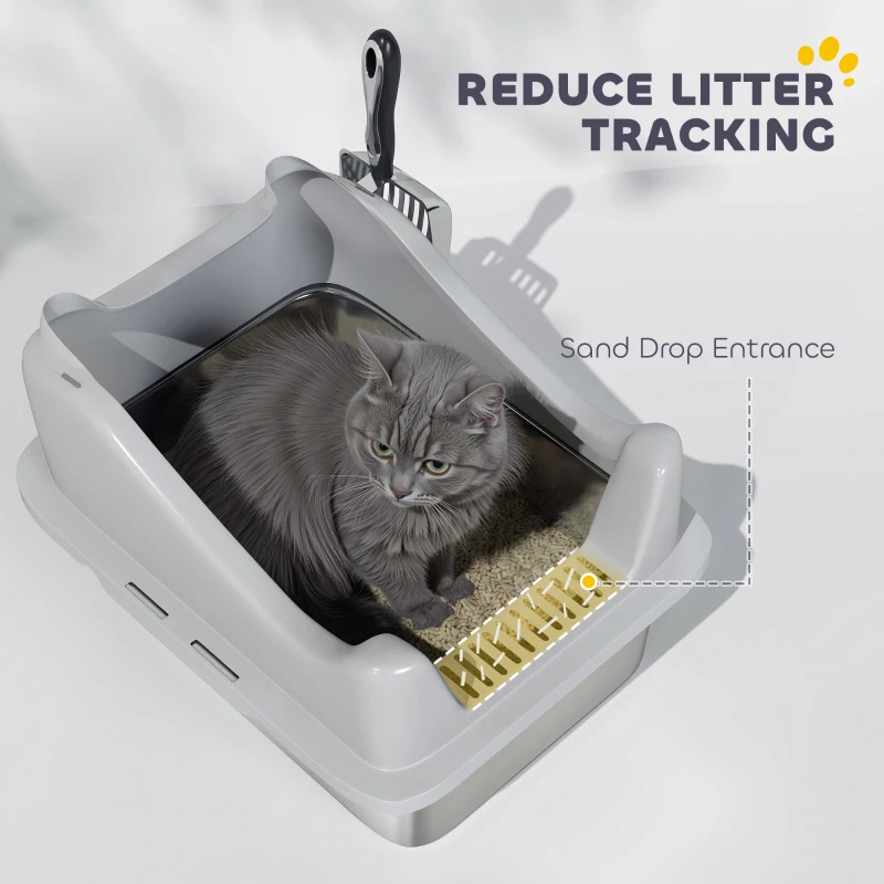 PawHut Cat Litter Box Stainless Steel with Metal Litter Scoop, Never Absorbs Odors, Anti Leakage, 17" x 13" x 10", Grey