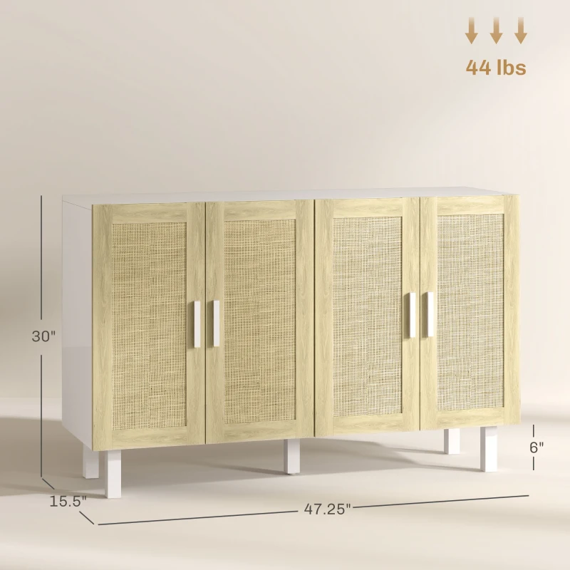 HOMCOM Boho Kitchen Cabinet, Buffet Cabinet with 4 Rattan Doors and Adjustable Shelves for Dining Room, White and Natural