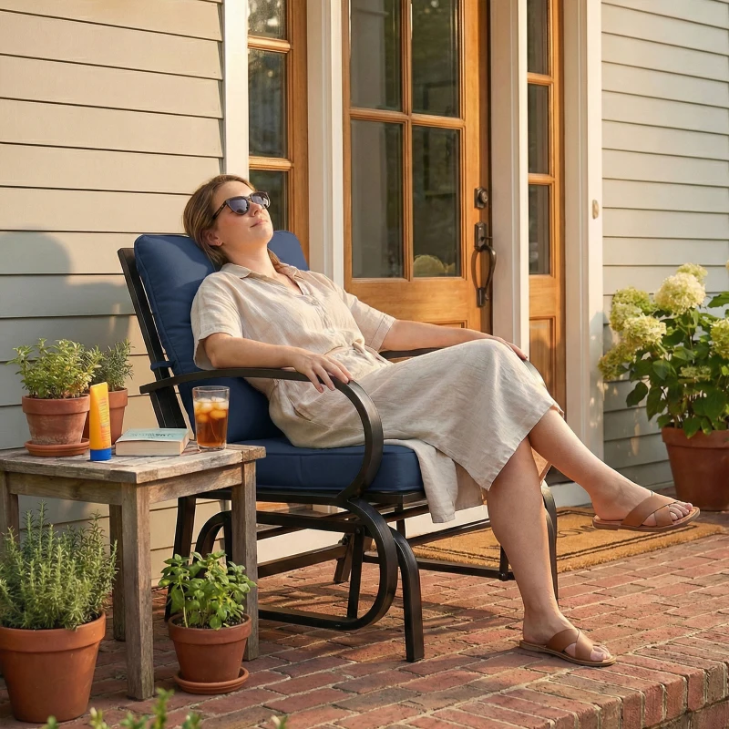 Outsunny Patio Glider, Outdoor Glider Chair with Cushions, Steel Frame, Curved Armrests, Dark Blue