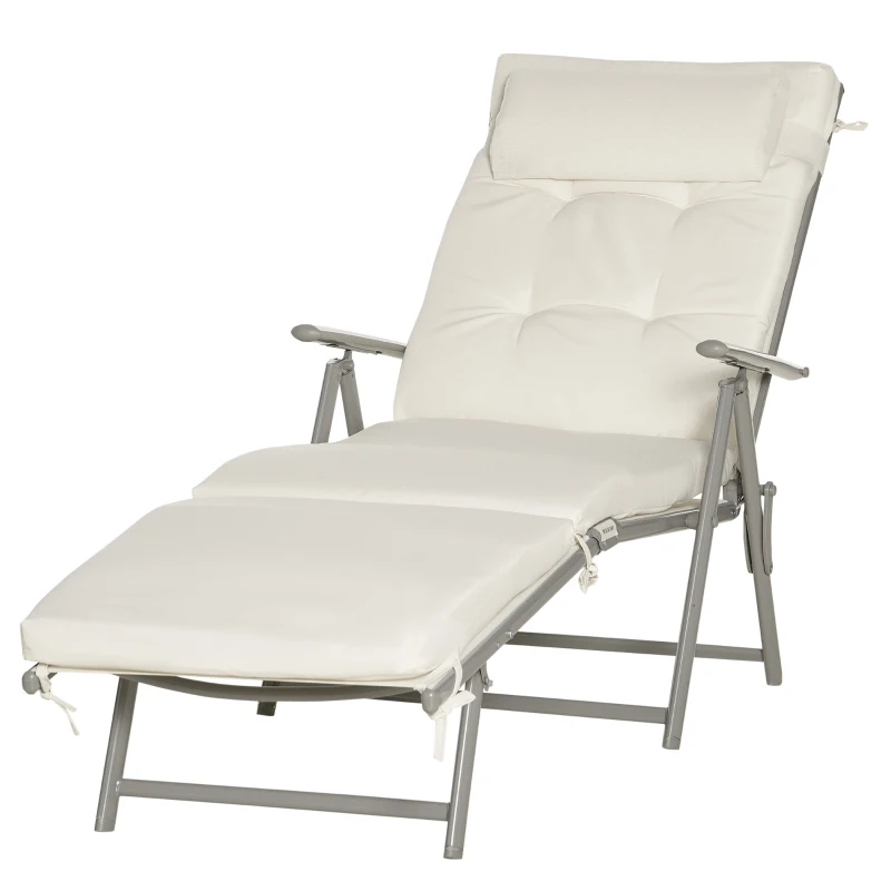 Outsunny Lounge Chair Outdoor, Folding Patio Chaise Lounger, 360 lbs 7-Position Adjustable Back Outdoor Recliner with Cushion, Headrest for Garden, Backyard, Poolside, Cream White