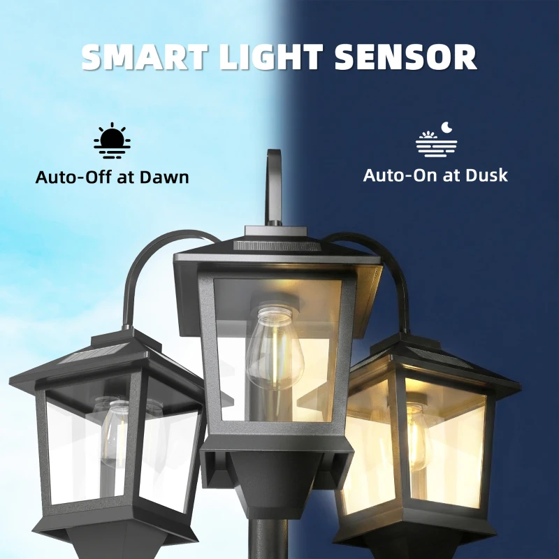 Outsunny 74" 3-Head Solar Lamp Post Light, Waterproof LED Solar Light Posts with Automatic Dusk-to-Dawn Sensor, IP44 Waterproof
