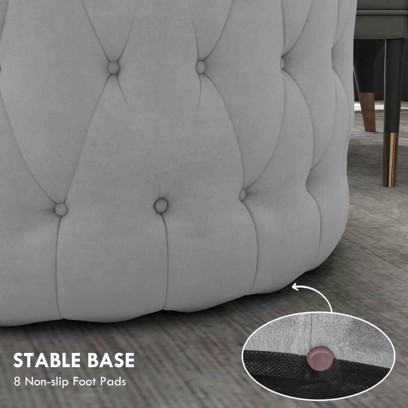 HOMCOM Round Ottoman Coffee Table with Velvet-feel Upholstery, Button Tufted Design and Padded Seat, Gray
