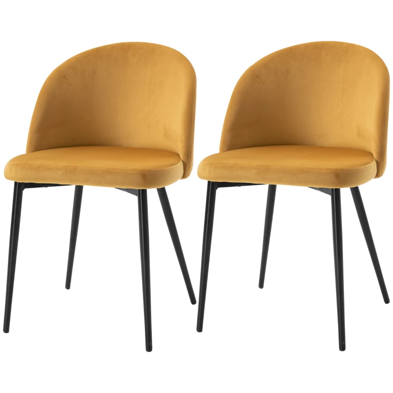 HOMCOM Set of 2 Mid-Back Dining Chair, Mid-Back Velvet-touch Upholstery Kitchen Chair for Living Room Dining Room, Yellow