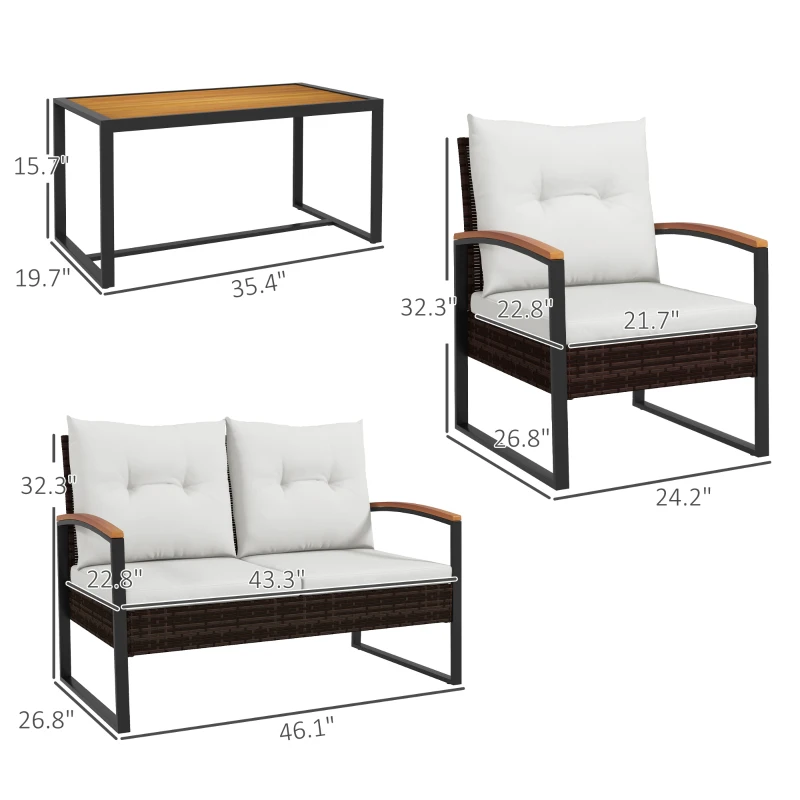 Outsunny 4 Piece Rattan Patio Furniture Set with Loveseat Sofa, Chair, Wood Coffee Table, Cushions for Outdoor, Backyard, White