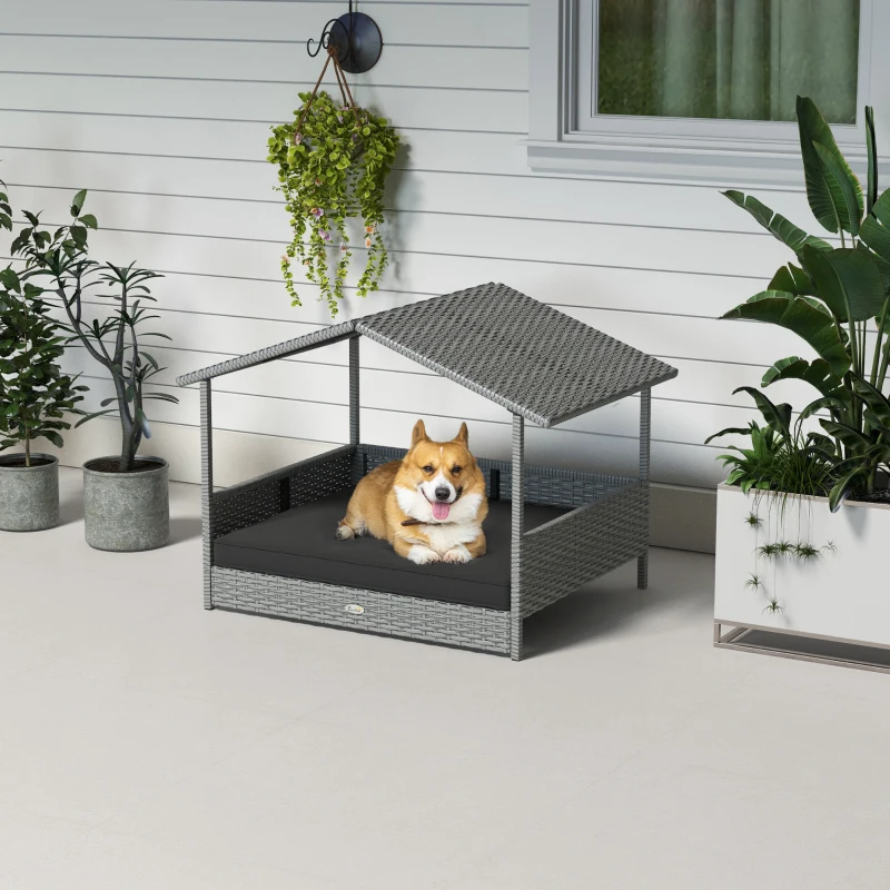 PawHut Wicker Dog House Outdoor with Canopy, Rattan Dog Bed with Water-resistant Cushion, Raised Pet Bed for Small, Medium Breeds up to 66 lbs, 20" in Length, Silver Wicker, Gray Cushion