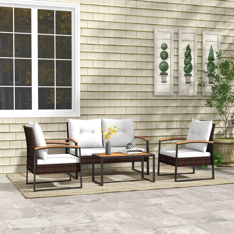 Outsunny 4 Piece Rattan Patio Furniture Set with Loveseat Sofa, Chair, Wood Coffee Table, Cushions for Outdoor, Backyard, White