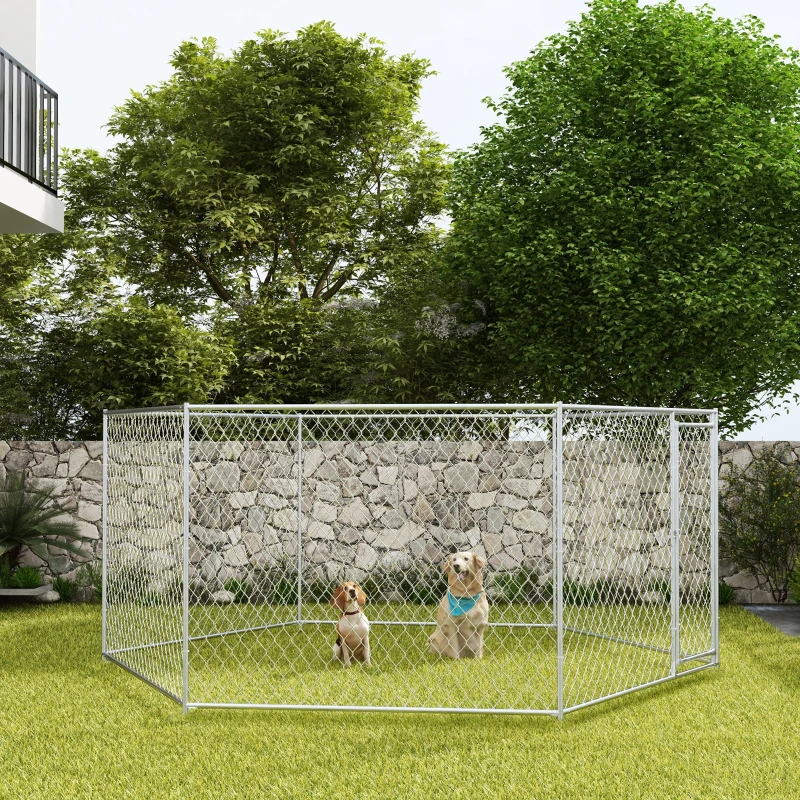 PawHut 13.4' x 11.5' x 5.6' Dog Kennel Outdoor for Medium and Large-Sized Dogs with Lockable Door, Silver