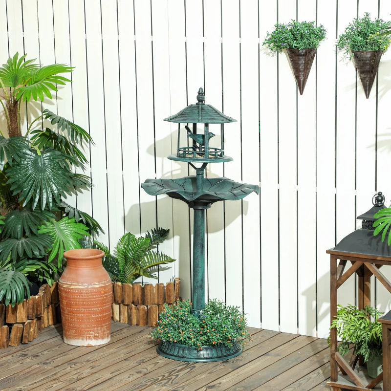 Outsunny 3 in 1 Garden Bird Bath Bowl Pedestal with Bird Feeder, Large Water Basin, Underneath Flower Planter, Green