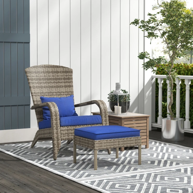 Outsunny Wicker Adirondack Chair Fire Pit Chair w/ Ottoman & Cushions, Blue