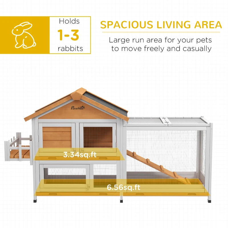 PawHut 65" Wooden Rabbit Hutch, Pet Playpen with Openable Roof, Storage Box, for Rabbits and Small Animals, Yellow