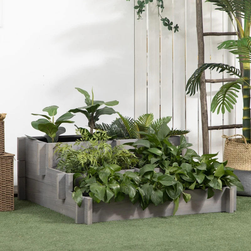 Outsunny 3 Tier Raised Garden Bed, Water Draining Fabric for Soil, Elevated Wood Flower Box for Vegetables, Herbs, Gray