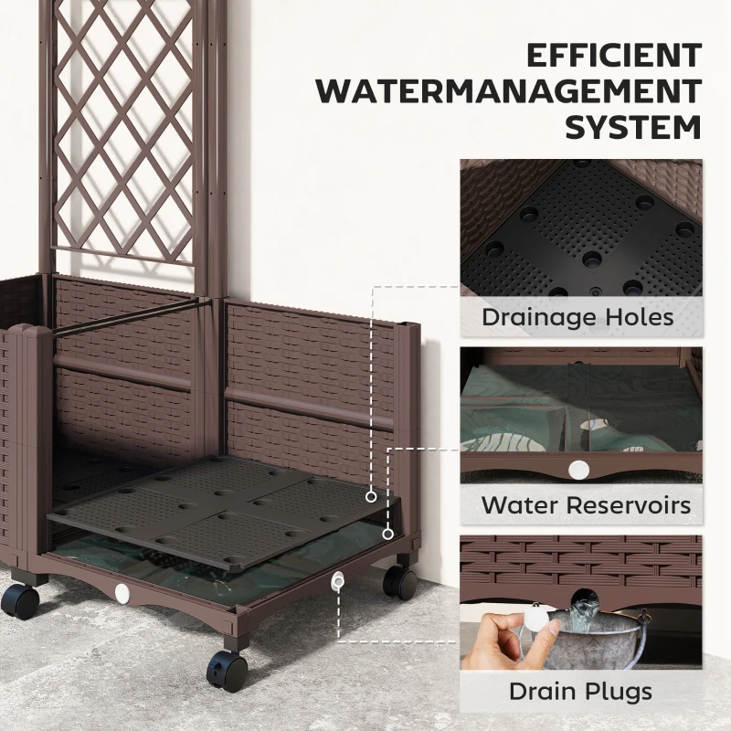 Outsunny Planter Box with Trellis, Self Watering Raised Garden Bed with Lockable Wheels and Drainage Holes, Brown