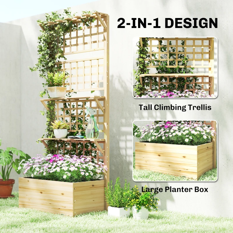 Outsunny Wooden Raised Garden Bed with Trellis and Roof, Elevated Planter Box with 2 Shelves, Drainage Hole and Liner, Natural
