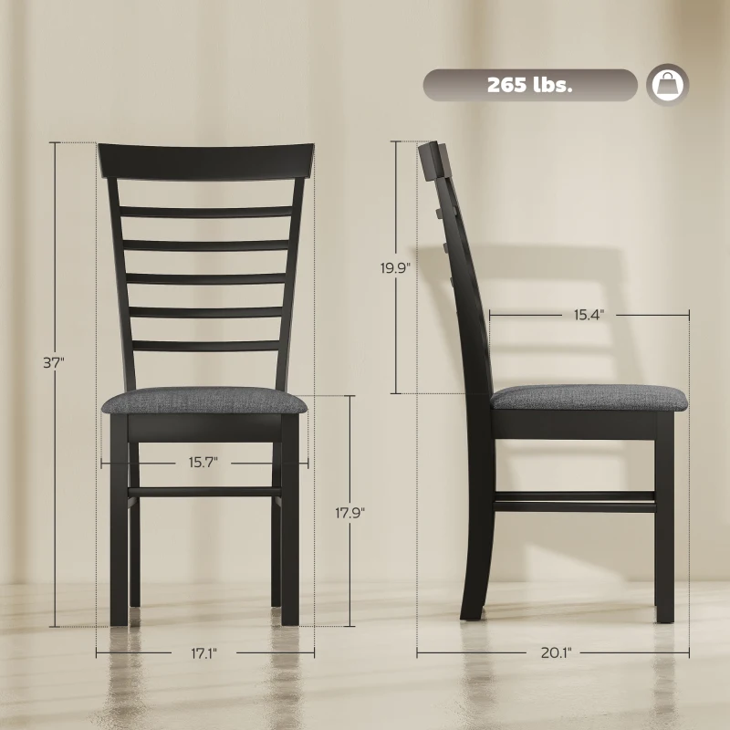 HOMCOM Wooden Dining Chairs Set of 2, Farmhouse Upholstered Kitchen Chairs with Rubber Wood Frame, Black and Gray