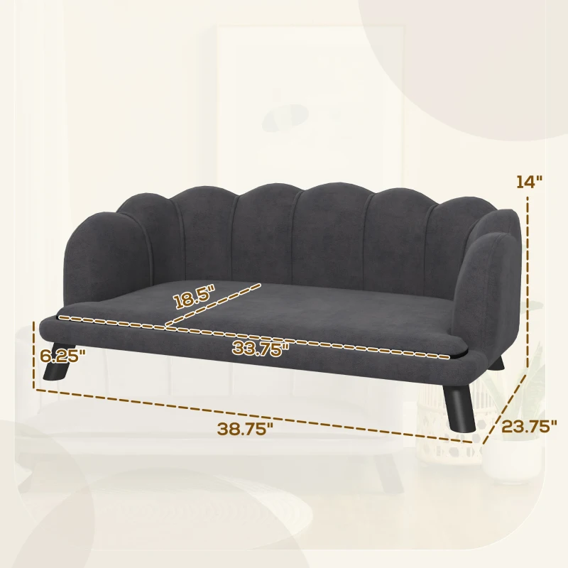 PawHut Pearl Design Pet Sofa for Medium and Large Sized Dogs, Pet Bed with Cushion and Solid Wood Legs, Charcoal Gray