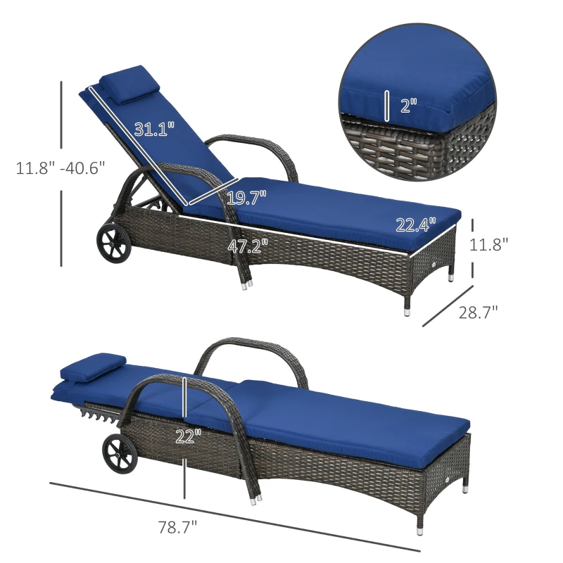 Outsunny Reclining Chaise Lounge Chair, Rolling Outdoor Chair with Cushion, Pillow, Headrest, Armrests, and Wheels, Brown
