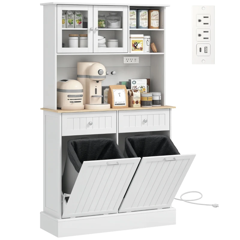 HOMCOM Kitchen Cabinet with Charging Station, 2 Tilt Out Cabinets, Microwave Stand, Freestanding Kitchen Pantry Cabinet, White