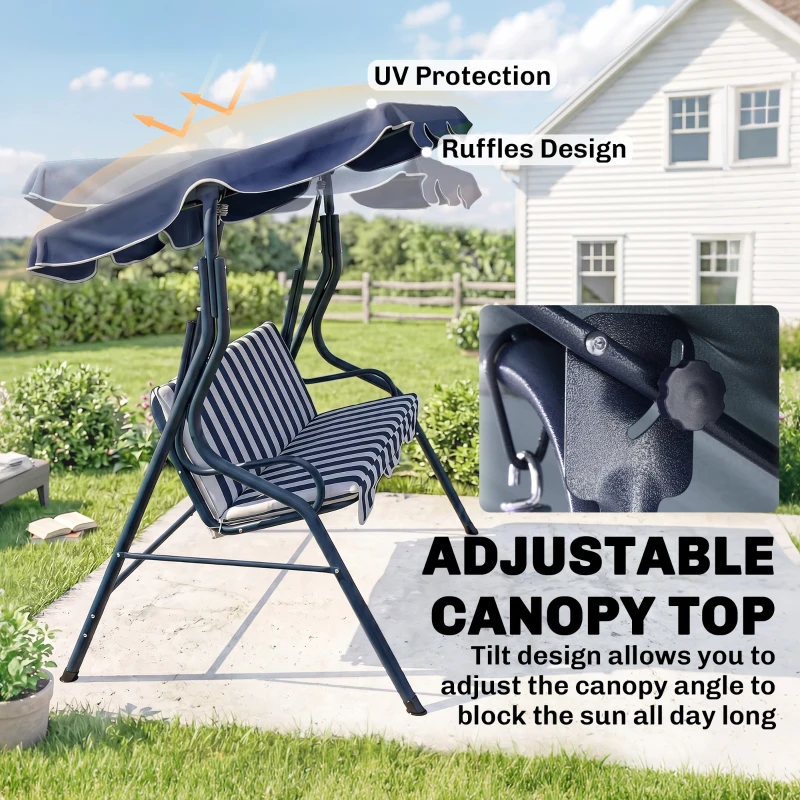 Outsunny Outdoor Porch Swing with Adjustable Canopy, 3-Seater Patio Swing Chair with Cushion, Blue