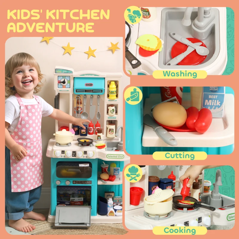 Qaba Kids Play Kitchen Toy Set, Chef Pretend Kitchen Playset with Real Lights & Sounds, 92 Pcs Toy Food, Ages 3-6, Green