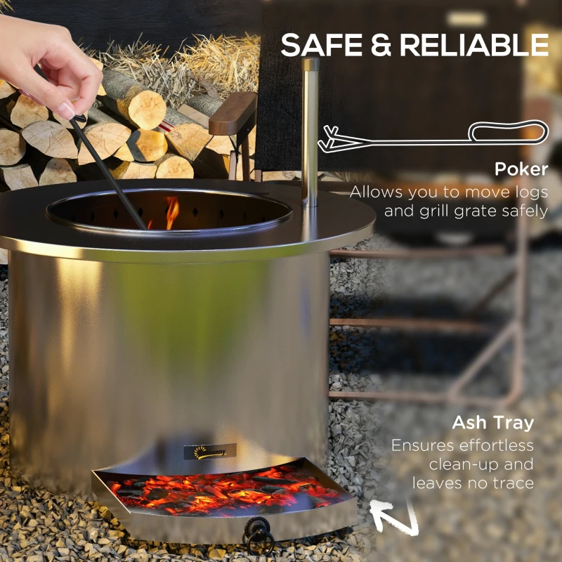 Outsunny 2-in-1 Smokeless Firepit, Stainless Steel Bonfire Stove with Poker and Ash Tray for Backyard, Patio, Picnic, Silver