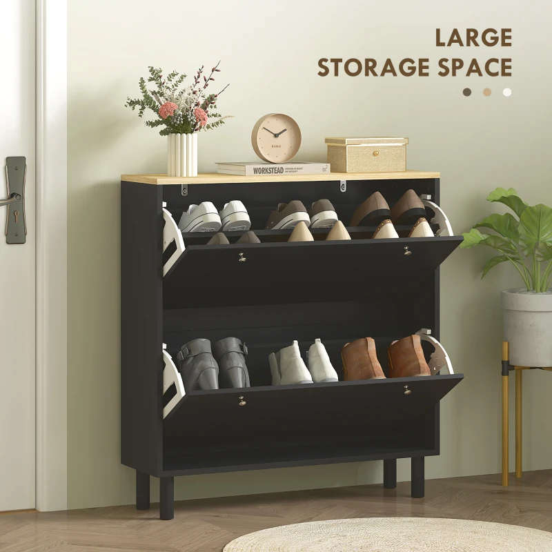 HOMCOM 2 Drawers Shoe Storage Cabinet with Adjustable Shelves for 16 Pairs of Shoes, Black