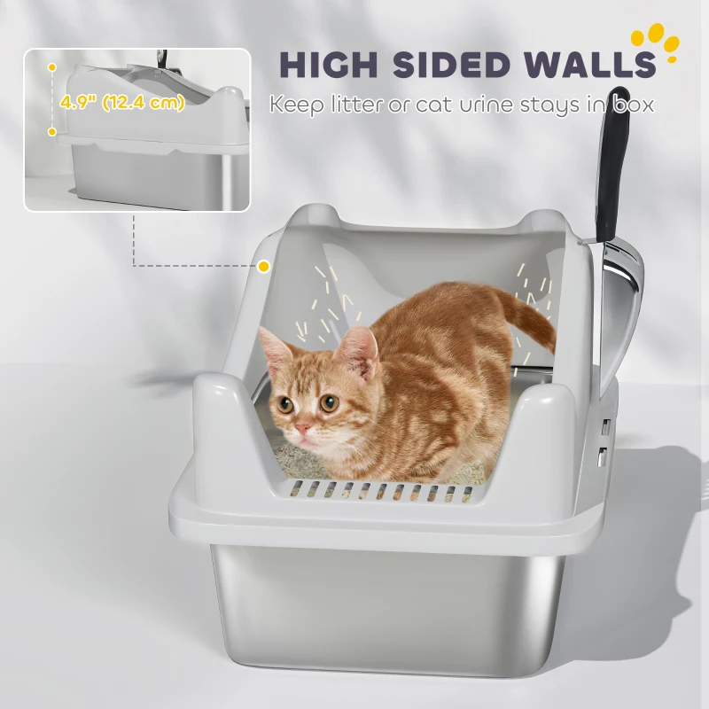 PawHut Cat Litter Box Stainless Steel with Metal Litter Scoop, Never Absorbs Odors, Anti Leakage, 17" x 13" x 10", Grey
