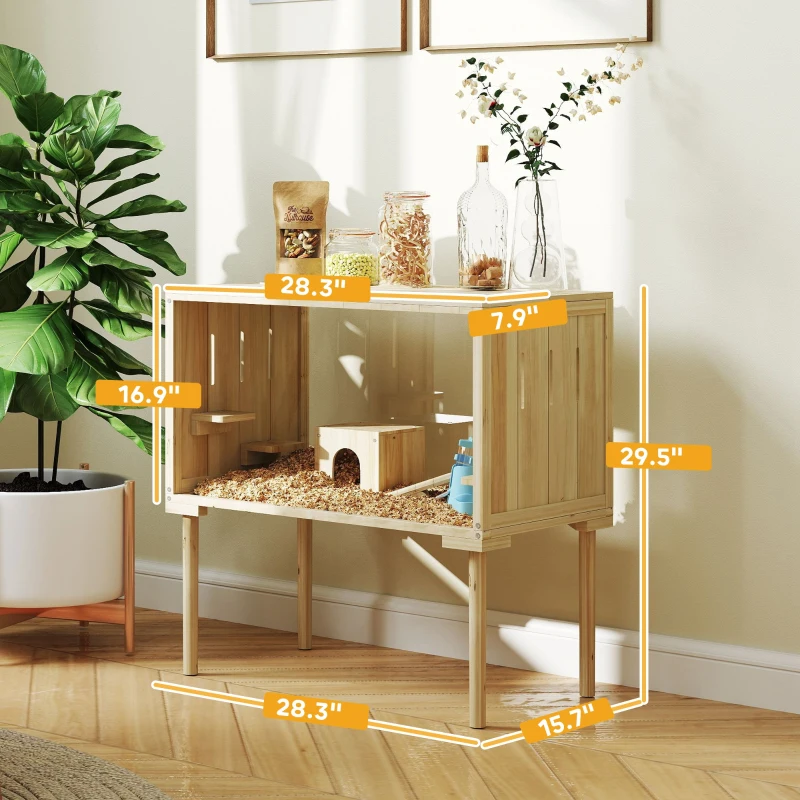 PawHut Wooden Hamster Cage with Legs, Gerbil Cage for Syrian, Dwarf, Mouse, 28" x 16" x 29.5", Nature Wood