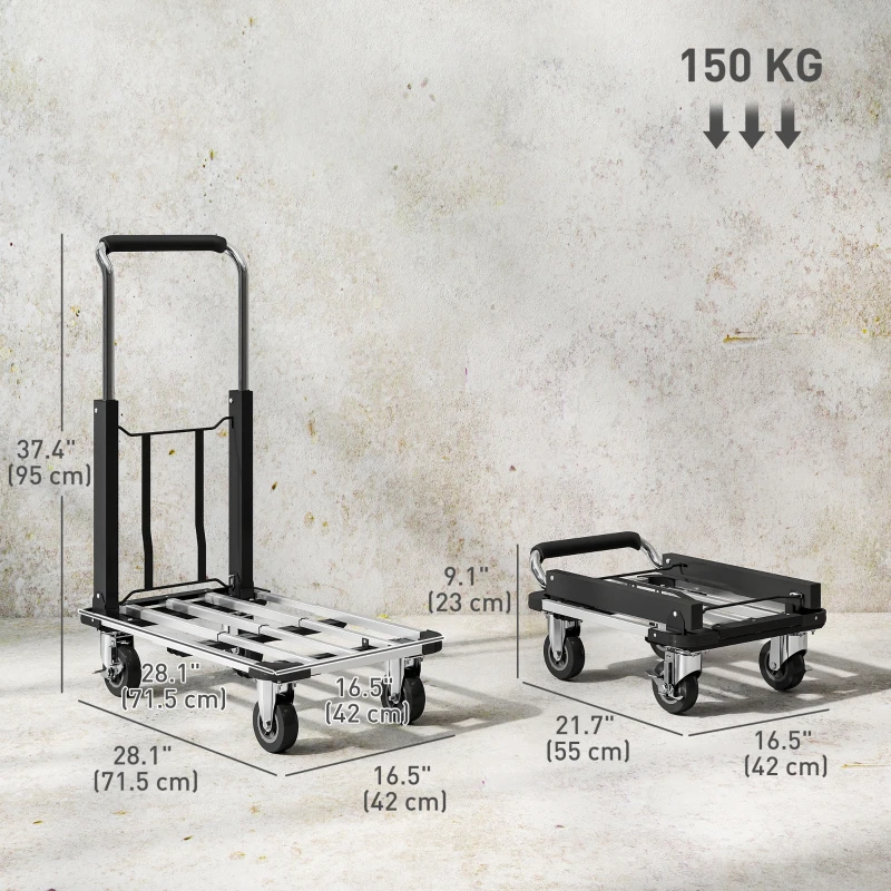 HOMCOM 330 lbs Heavy Duty Hand Truck, Folding Trolley, Dolly with Adjustable Handle and Extendable Platform, Silver and Black