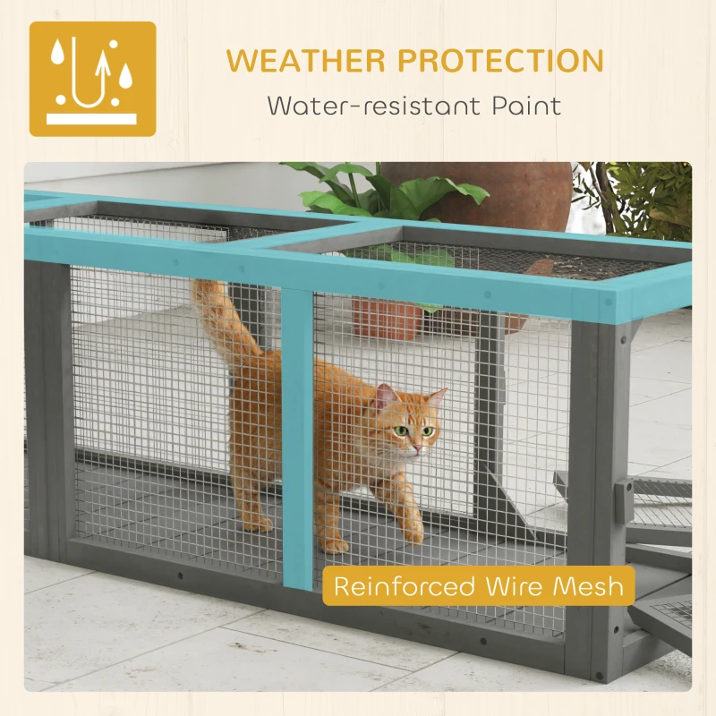 PawHut Outdoor Cat Tunnel, 59" Wooden Play Cat Enclosure, Extendable Pet Run with 3 Doors for Kitty, Puppy, Gray