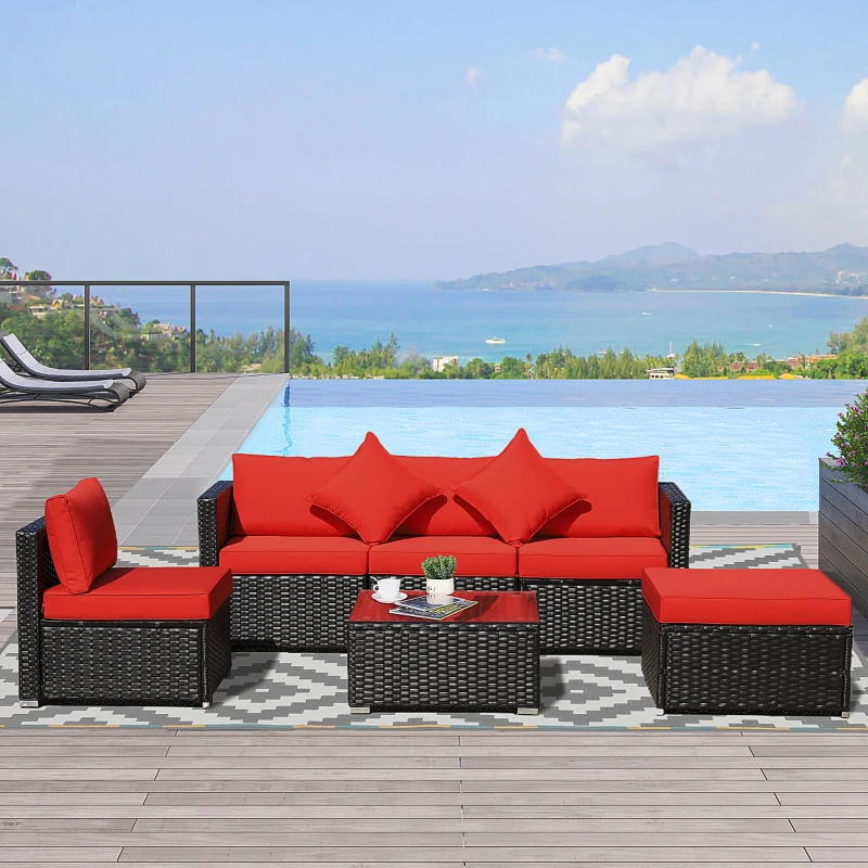 Outsunny 6 Piece Patio Furniture Set Outdoor Wicker Conversation Set All Weather PE Rattan Sectional Sofa Set with Ottoman, Cushions and Tempered Glass Table, Coffee and Red