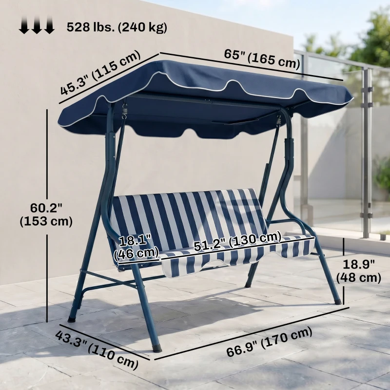 Outsunny Outdoor Porch Swing with Adjustable Canopy, 3-Seater Patio Swing Chair with Cushion, Blue
