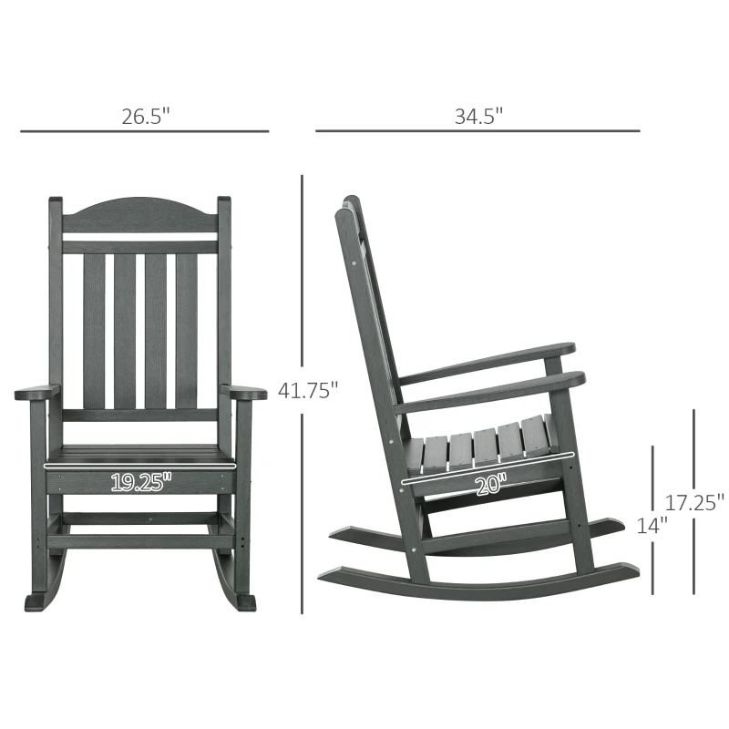 Outsunny HDPE Porch Rocker Chair, Outdoor Rocking Chair with High Back, Arms, Slatted Design, for Indoor and Outdoor, Dark Gray