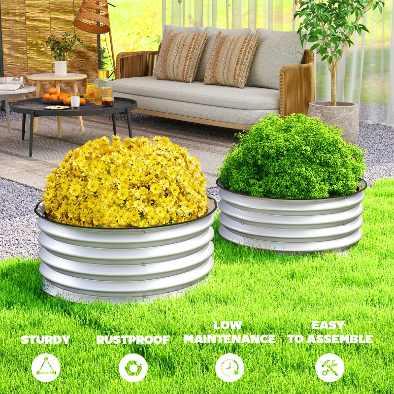 Outsunny Set of 2 Raised Garden Bed, Metal Planter Box with Safety Edging, Easy-to-assemble Stock Tank 2'x2'x1' Silver