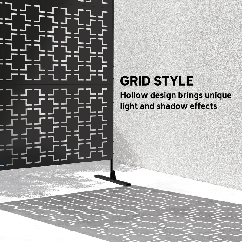 Outsunny 6.5FT Decorative Outdoor Divider, Metal Privacy Screen with Stand, Grid Style, Black