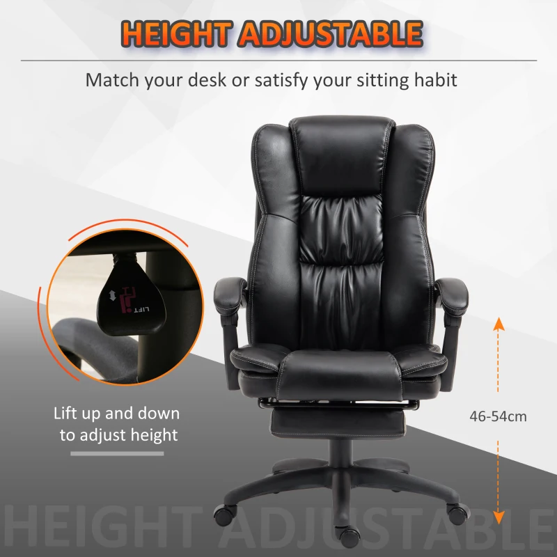 Vinsetto High Back Massage Office Chair with 6-Point Vibration, 5 Modes, Executive Chair, PU Leather Swivel Chair with Reclining Back, and Retractable Footrest, Black
