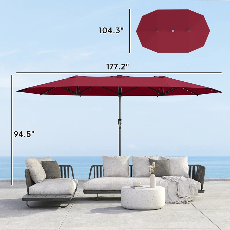 Outsunny Garden Parasol, Double-Sided Sun Umbrella with LED Solar Lights, Patio Parasol for Outdoor, Wine Red