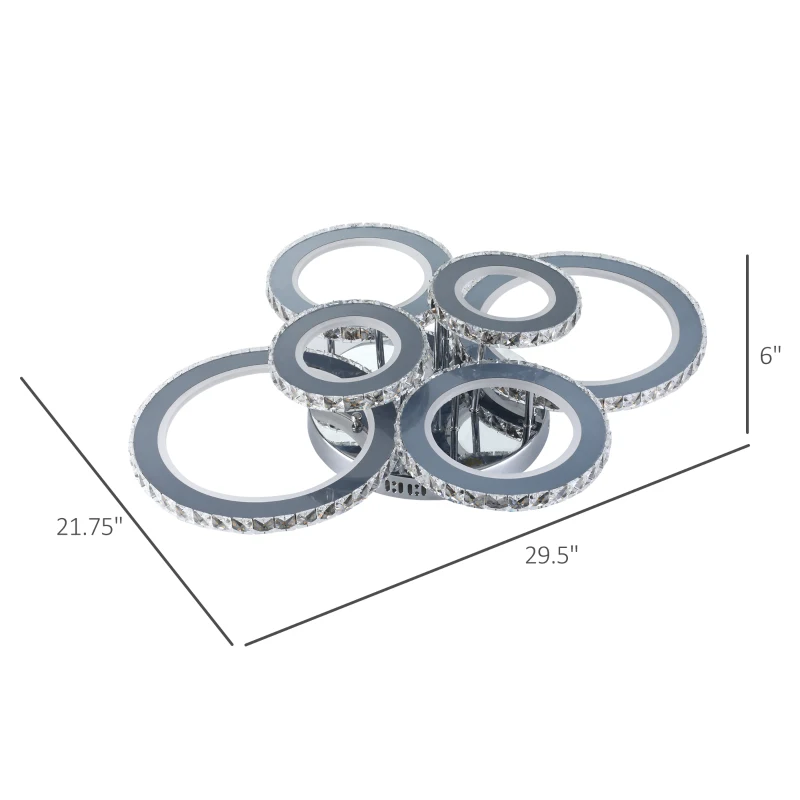 HOMCOM Elegant LED Chandelier with 6 Rings, Ceiling Light with Cool White Lighting for Living Room, Dining Room, or Bedroom, Silver