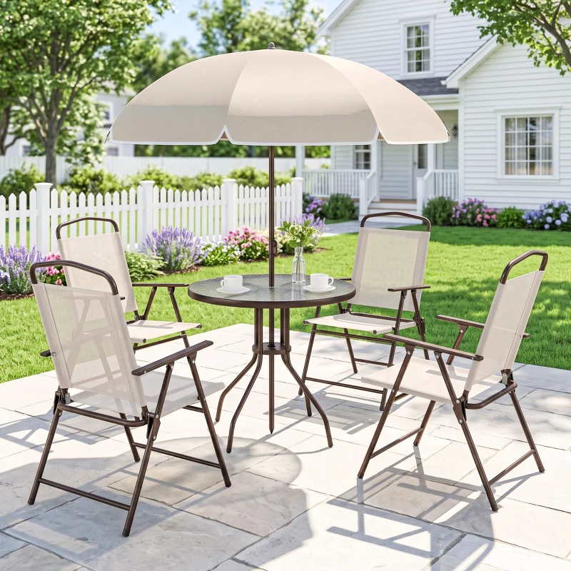 Outsunny 6 Piece Patio Dining Set for 4 with Umbrella, Outdoor Table and Chairs with 4 Folding Dining Chairs & Round Glass Table for Garden, Backyard and Poolside, Beige