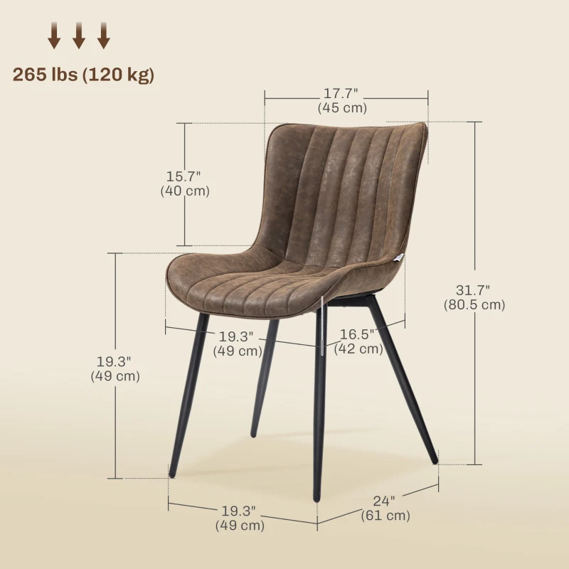 HOMCOM Dining Chairs Set of 2, PU Leather Upholstered Kitchen Chairs with Backrest and Steel Legs, Brown