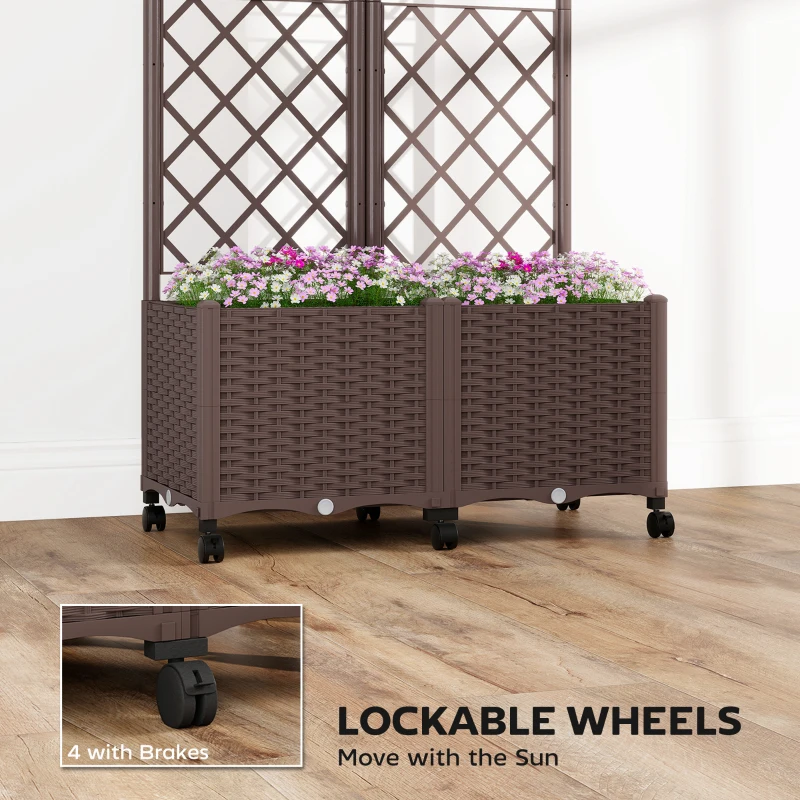 Outsunny Planter Box with Trellis, Self Watering Raised Garden Bed with Lockable Wheels and Drainage Holes, Brown