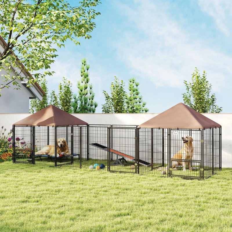 PawHut Large Outdoor Dog Kennel with 2 Rooms, Rotating & Adjustable Height Bowls, Waterproof & UV-Resistant Canopy(m-2)