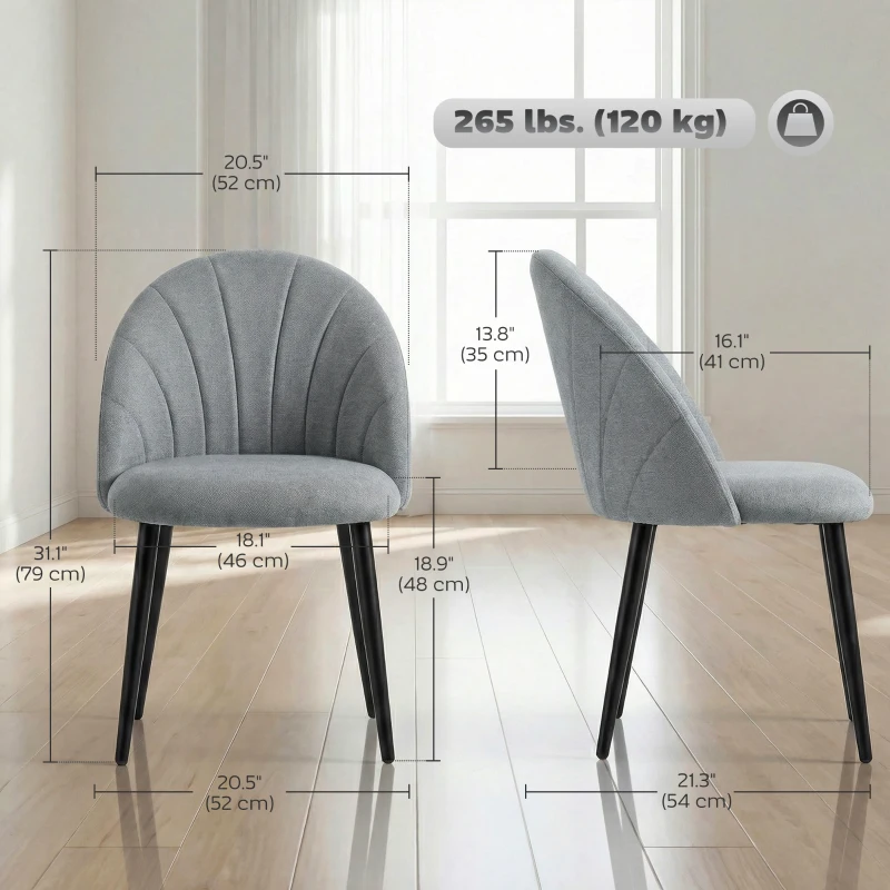 HOMCOM Modern Dining Chairs Set of 4, Upholstered Dining Room Chairs with Metal Legs, Shell Backrest, Padded Seat, Grey