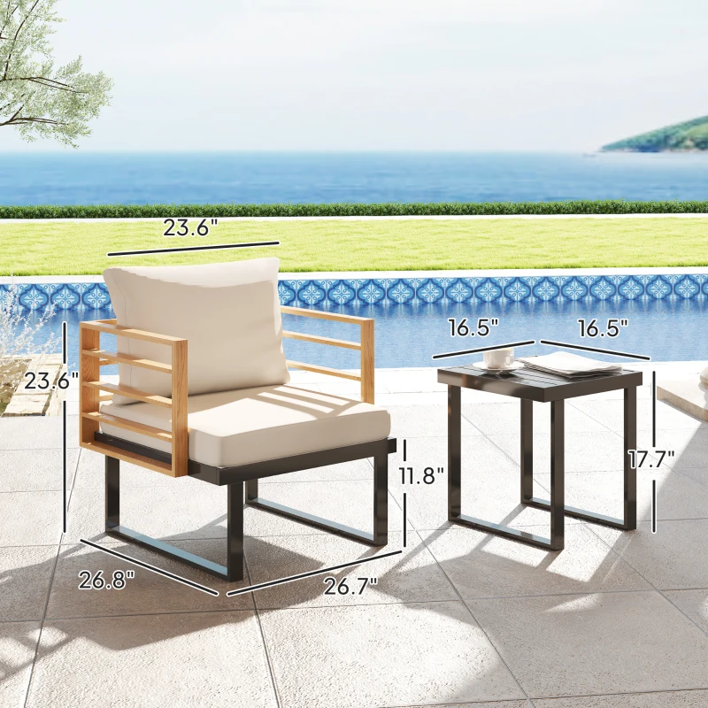 Outsunny 3 Piece Metal Bistro Set, Small Patio Furniture Set with Cushions, Armchairs, Slatted Table for Backyard Balcony, Beige