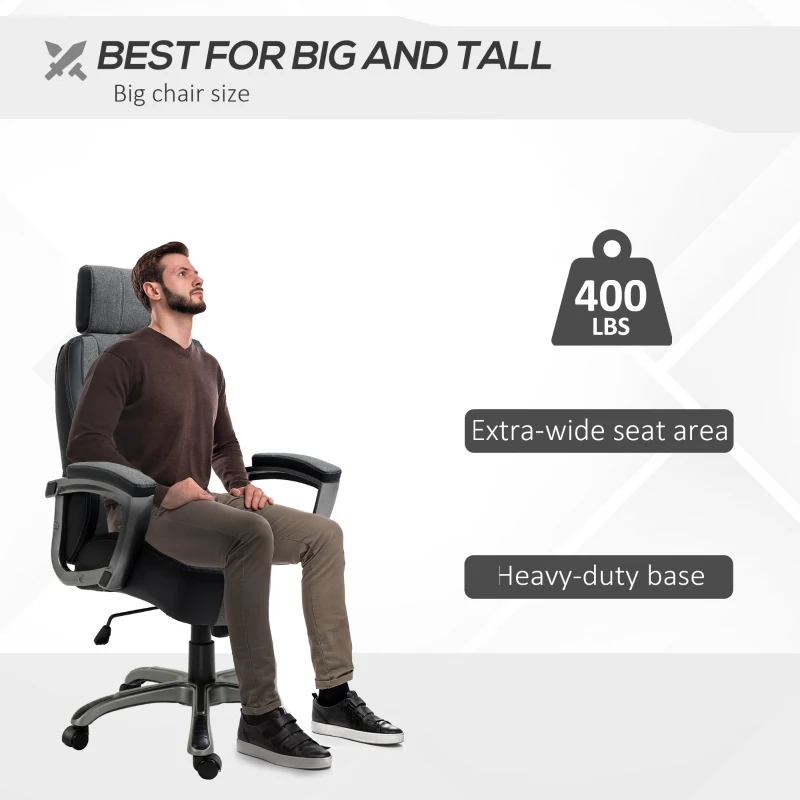 Vinsetto High-Back Home Office Chair 400lbs with Wide Seat, Linen PU High-Back Home Chair, Computer Desk Chair with Adjustable Height, Swivel Wheel, Black/Grey